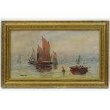 D. Toms, XX, Oil on canvas, Fishing and sailing boats with figures on a calm sea.