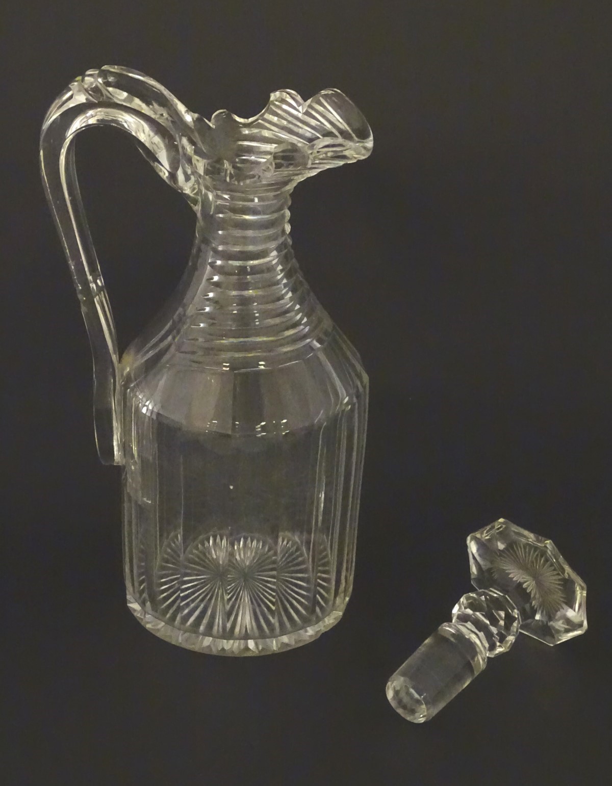 A 19thC Irish cut glass decanter and stopper, having a panelled body with ribbed neck, - Image 4 of 6