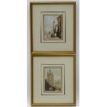 Watercolours, a pair, A scene depicting a cathedral town with a horse and figures,