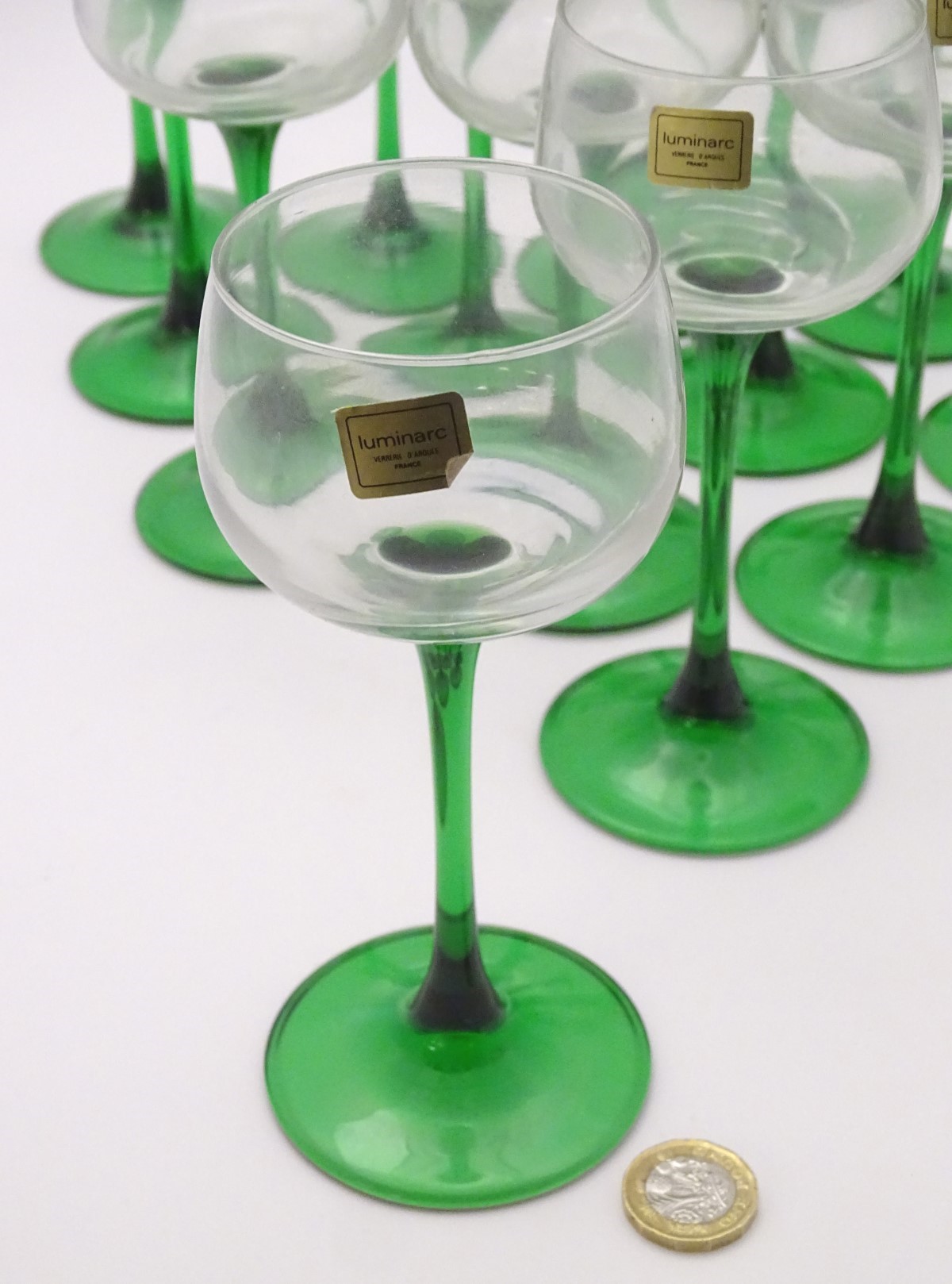 A collection of thirteen mid 20thC retro wine glasses by Luminarc, each with green stem, - Image 3 of 7