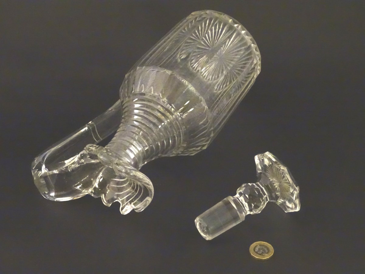 A 19thC Irish cut glass decanter and stopper, having a panelled body with ribbed neck, - Image 6 of 6