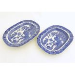 Two blue and white willow pattern meat plates by W. Adams & Sons.