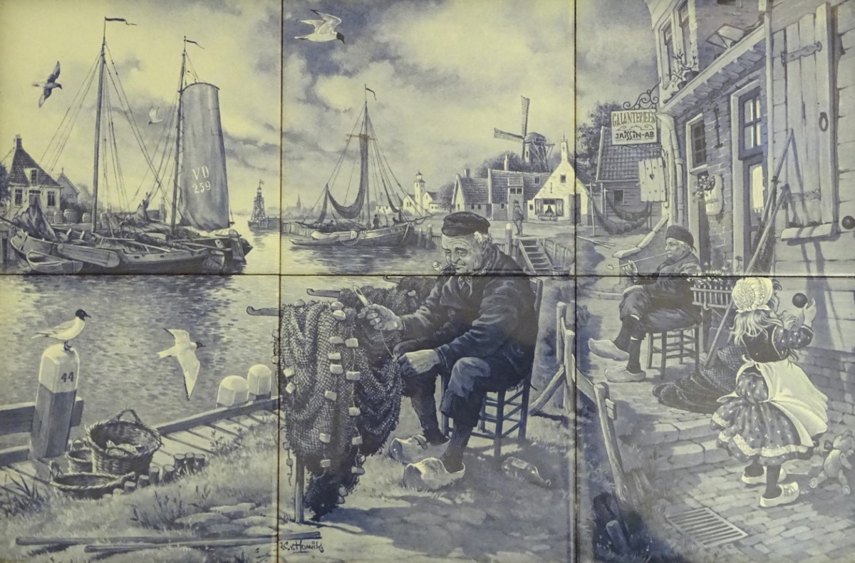 A wooden tray with 6 delft blue tiles decorated with a harbour scene with boats, a windmill, - Image 7 of 8