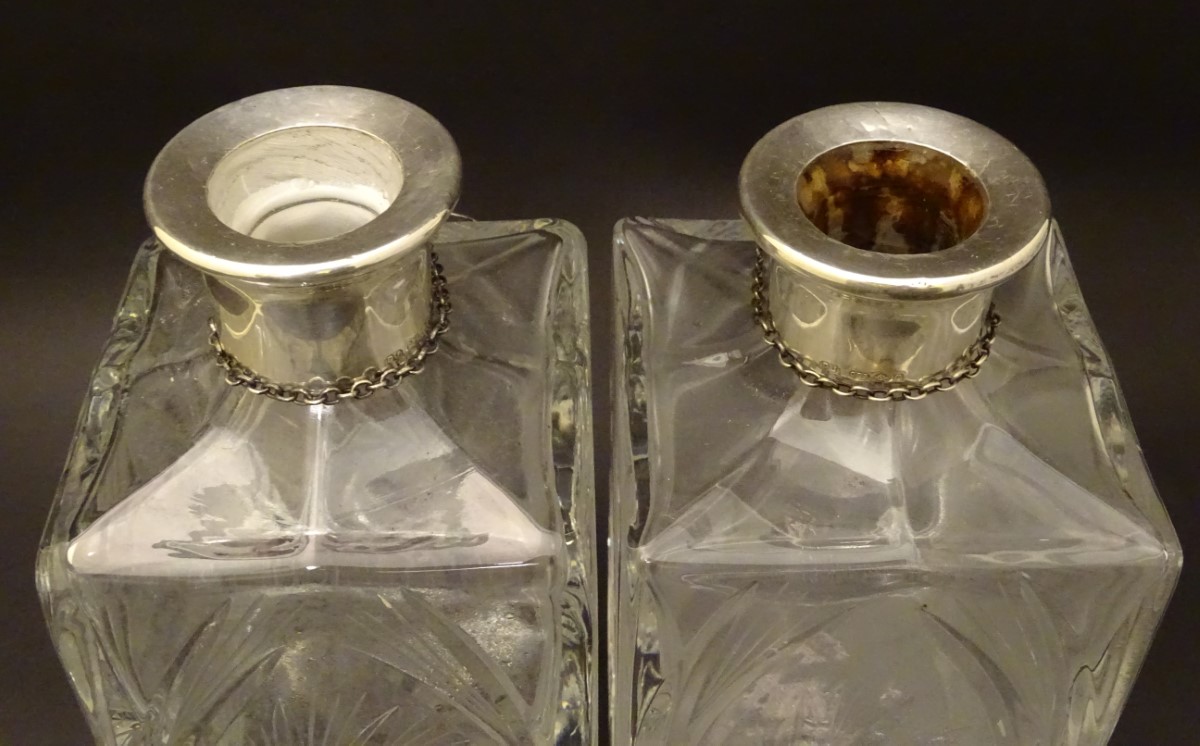 A pair of lead crystal decanters of squared form with mounted with silver collars, - Image 7 of 15