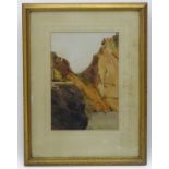 Indistinctly signed, XX, Watercolour, A landscape scene of cliffs with a small body of water,