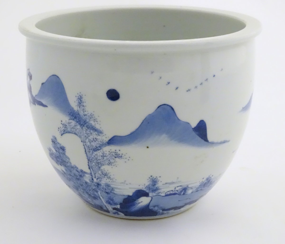 A Chinese blue and white jardiniere decorated with a mountainous landscape scene with figures, - Image 3 of 7