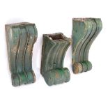 Salvage, Architectural and Garden : a collection of three 19thC painted carved wooden corbels.