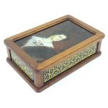 A mid century jewellery box with an overpainted print of a woman in pearls and a fur collar to top.