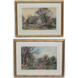 English School, XX, Watercolours, a pair, Cattle crossing a brick bridge,