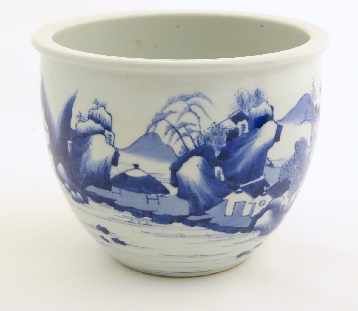 A Chinese blue and white jardiniere decorated with a mountainous landscape scene with figures, - Image 5 of 7