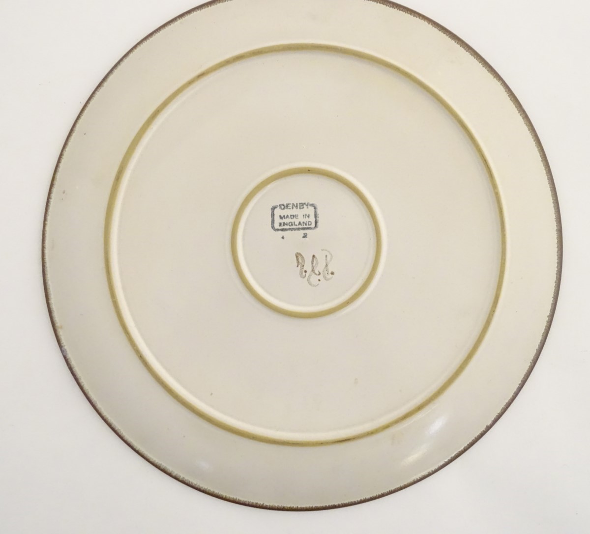 A 20thC Denby platter / large plate with banded heart and shape decoration. Marked under. Approx. - Image 3 of 5