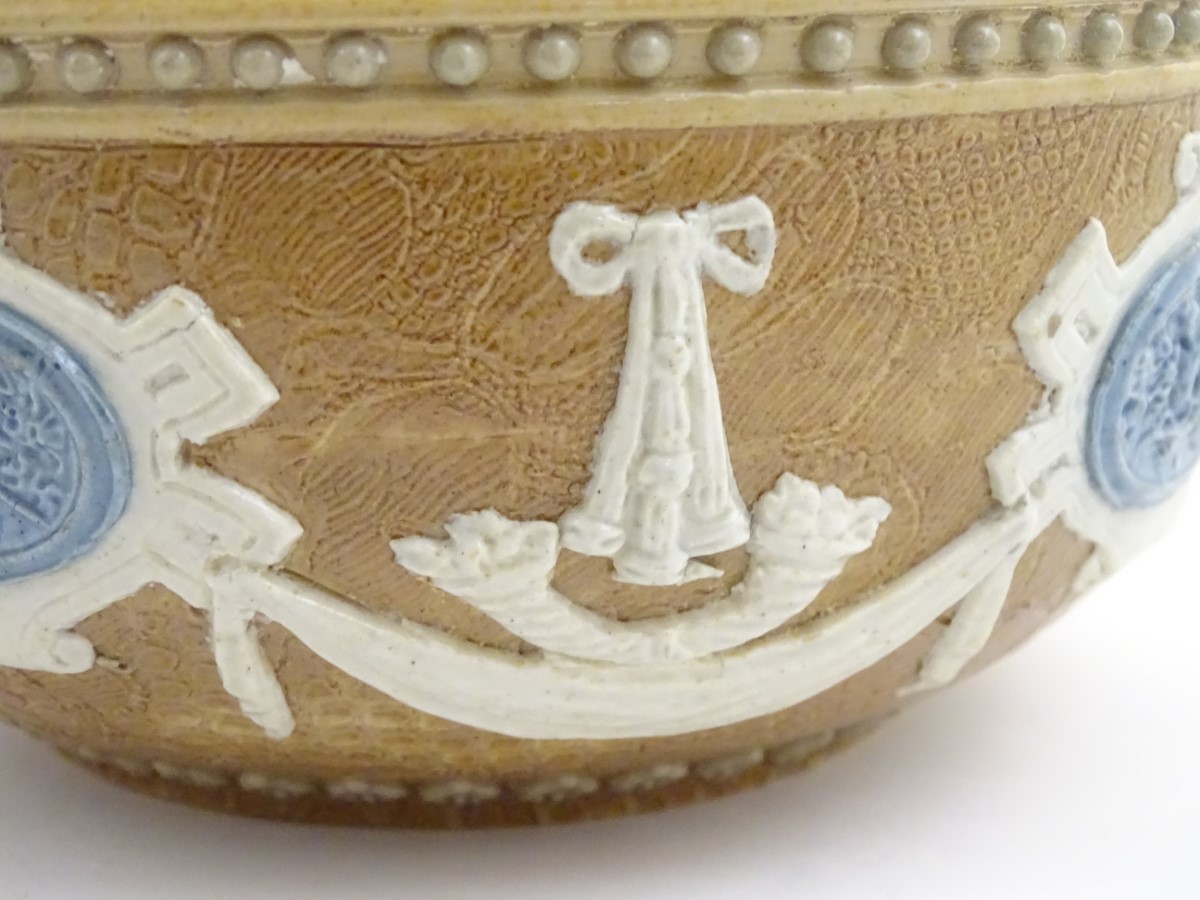 A Doulton Lambeth pot with a silver plate lid and swing handle, - Image 5 of 6