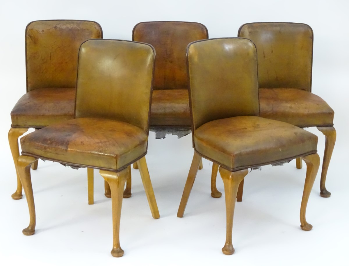 A set of five Art Deco leather upholstered chairs with curved backrests, - Image 6 of 6