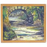 XX, English School, Oil on board, A stone arch bridge over a wooded river with wild flowers,