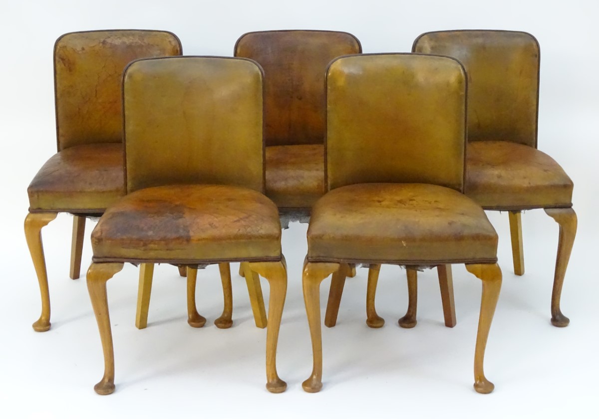 A set of five Art Deco leather upholstered chairs with curved backrests, - Image 3 of 6