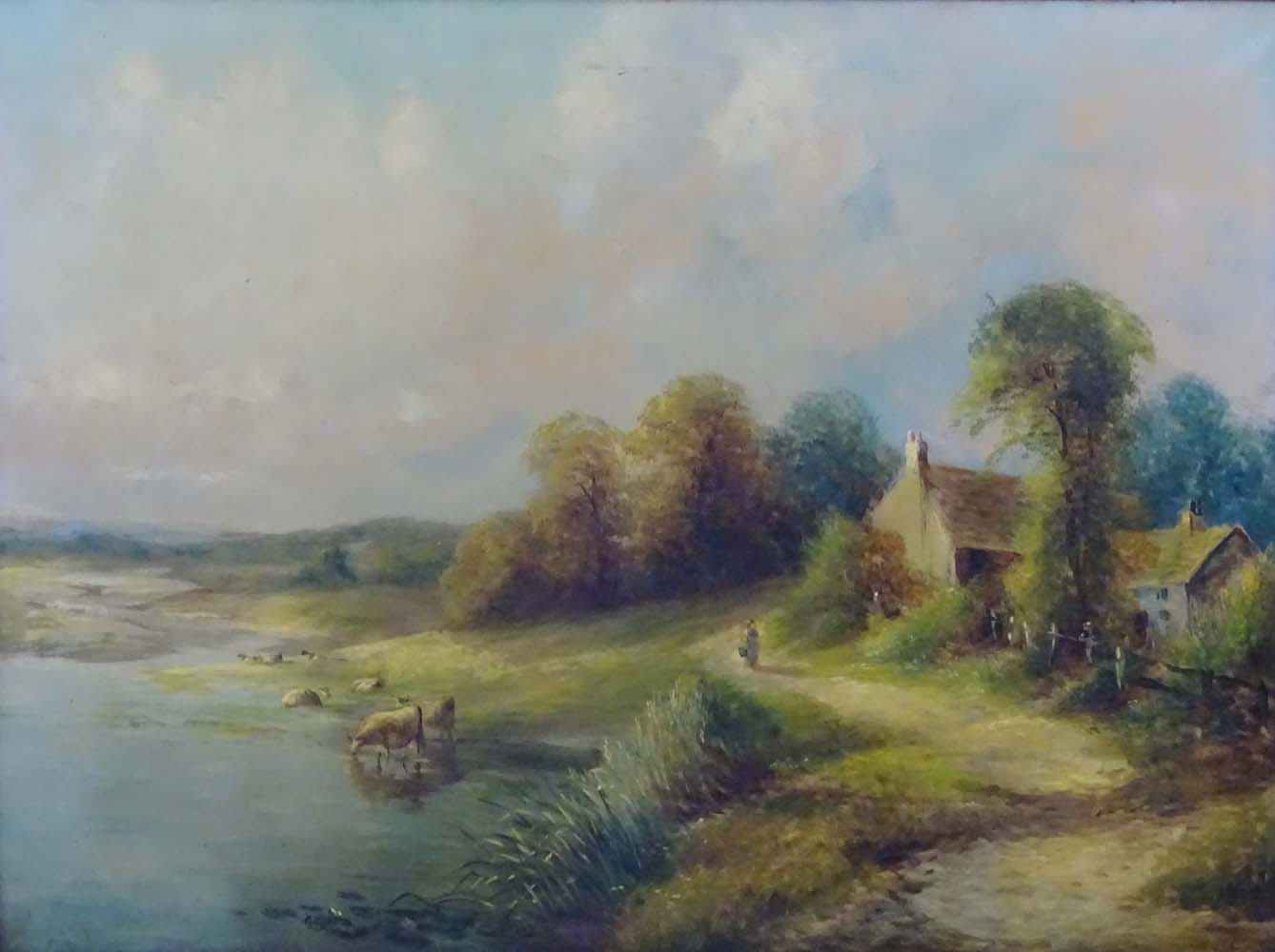 Indistinctly signed, XIX, Oil on canvas, Country vista with figure walking a path, - Image 4 of 8