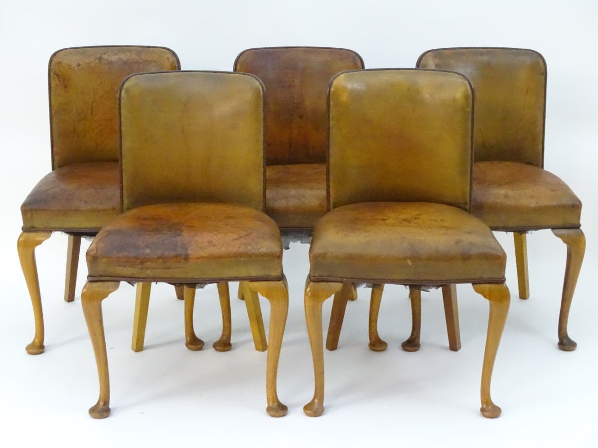 A set of five Art Deco leather upholstered chairs with curved backrests, - Image 4 of 6