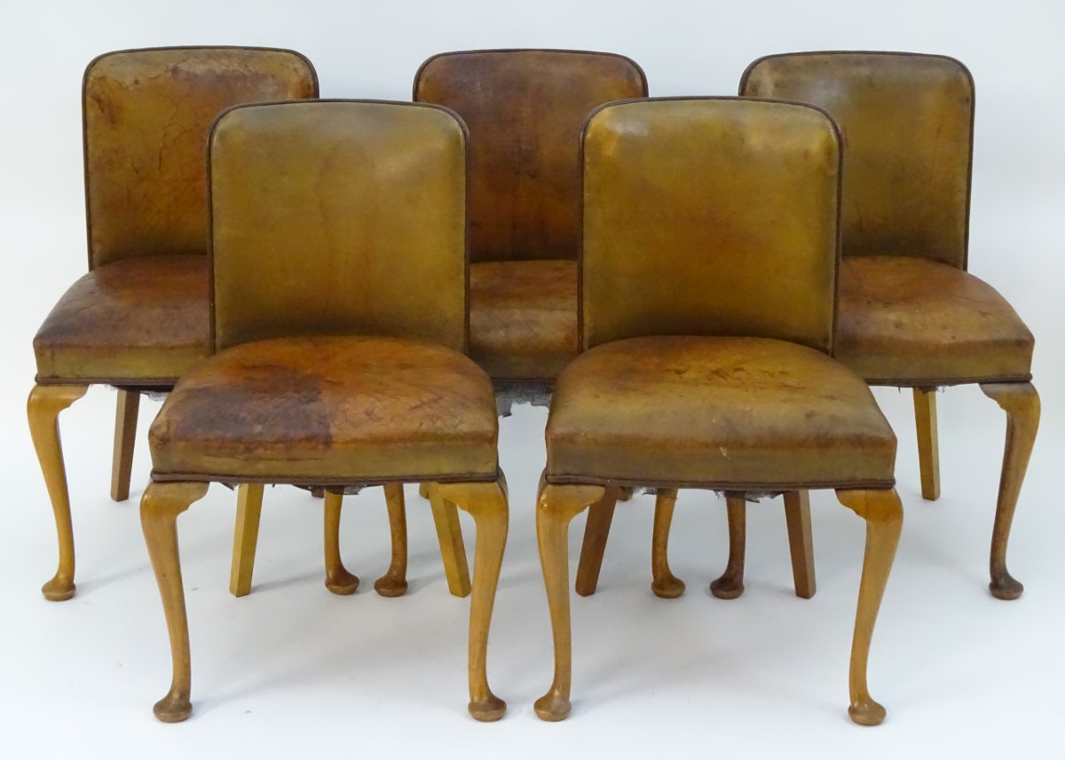 A set of five Art Deco leather upholstered chairs with curved backrests, - Image 5 of 6