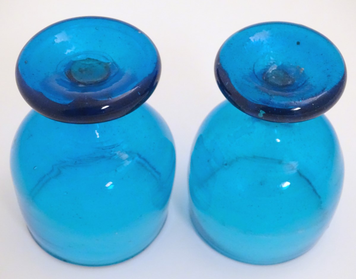 Two 19thC turquoise soda glass pedestal drinking glasses. Approx. 5" high. - Image 2 of 4