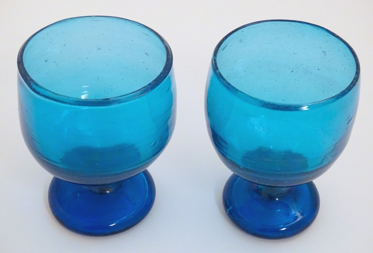 Two 19thC turquoise soda glass pedestal drinking glasses. Approx. 5" high. - Image 4 of 4