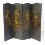 An early 20thC painted four fold screen with metal stud detailing and continental painted scene.