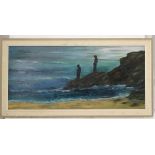 NH, 39, Oil on board, Children on the rocks at sea's edge, Signed and dated lower right.