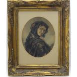 XX, Mezzotint, an oval, A portrait of a young lady with a rose in her hair, wearing a lace shawl.
