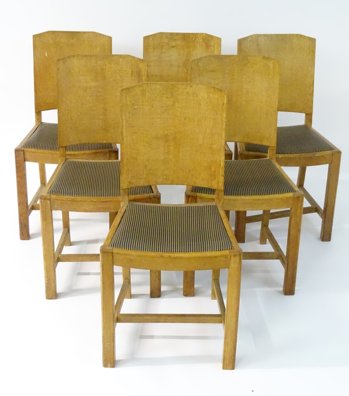 An Art Deco dining table and six matching chairs, of oak construction with light finish. - Image 2 of 9