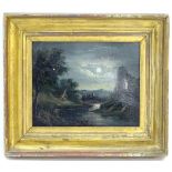 XX, English School, Oil on board, A moonlit river landscape with church ruins and a cottage,