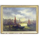 XX, Belgian School, Oil on canvas, An extensive harbour view with moored boats at sunset,