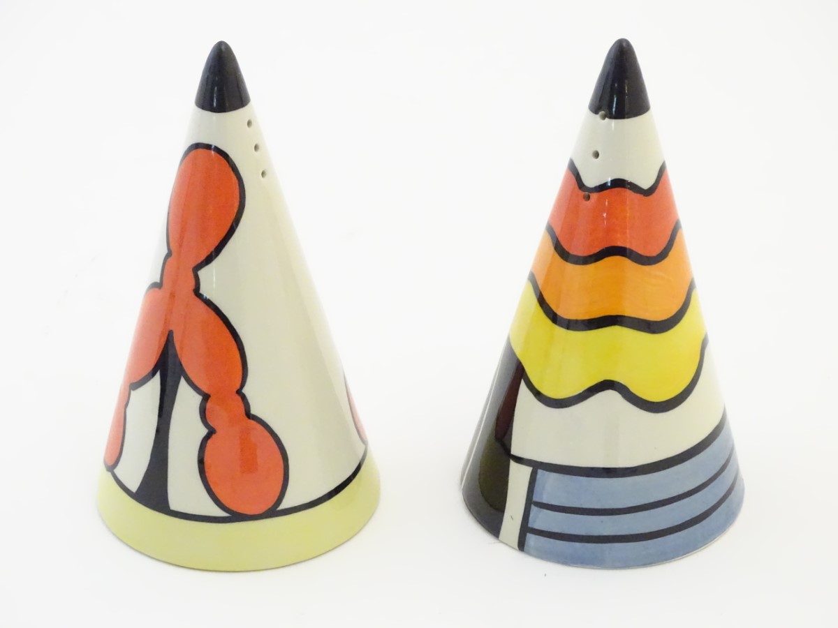 Two Lorna Bailey sugar shakers / salt and pepper shakers of conical form,