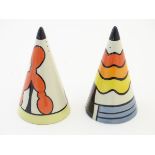 Two Lorna Bailey sugar shakers / salt and pepper shakers of conical form,