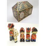 Toys: Four Continental hand painted, carved wooden soldiers / military figures, one on horseback.