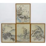 Oriental School, XIX-XX, Hand coloured prints, x4, Three geese on a floral bank,