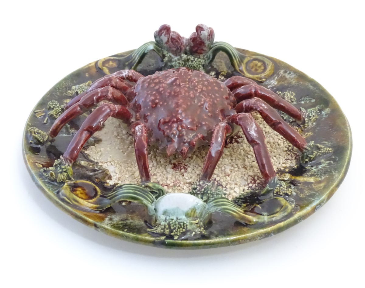 A 20th Portuguese Palissy style majolica dish / plate with an applied model of a crab on a bed of - Image 3 of 5