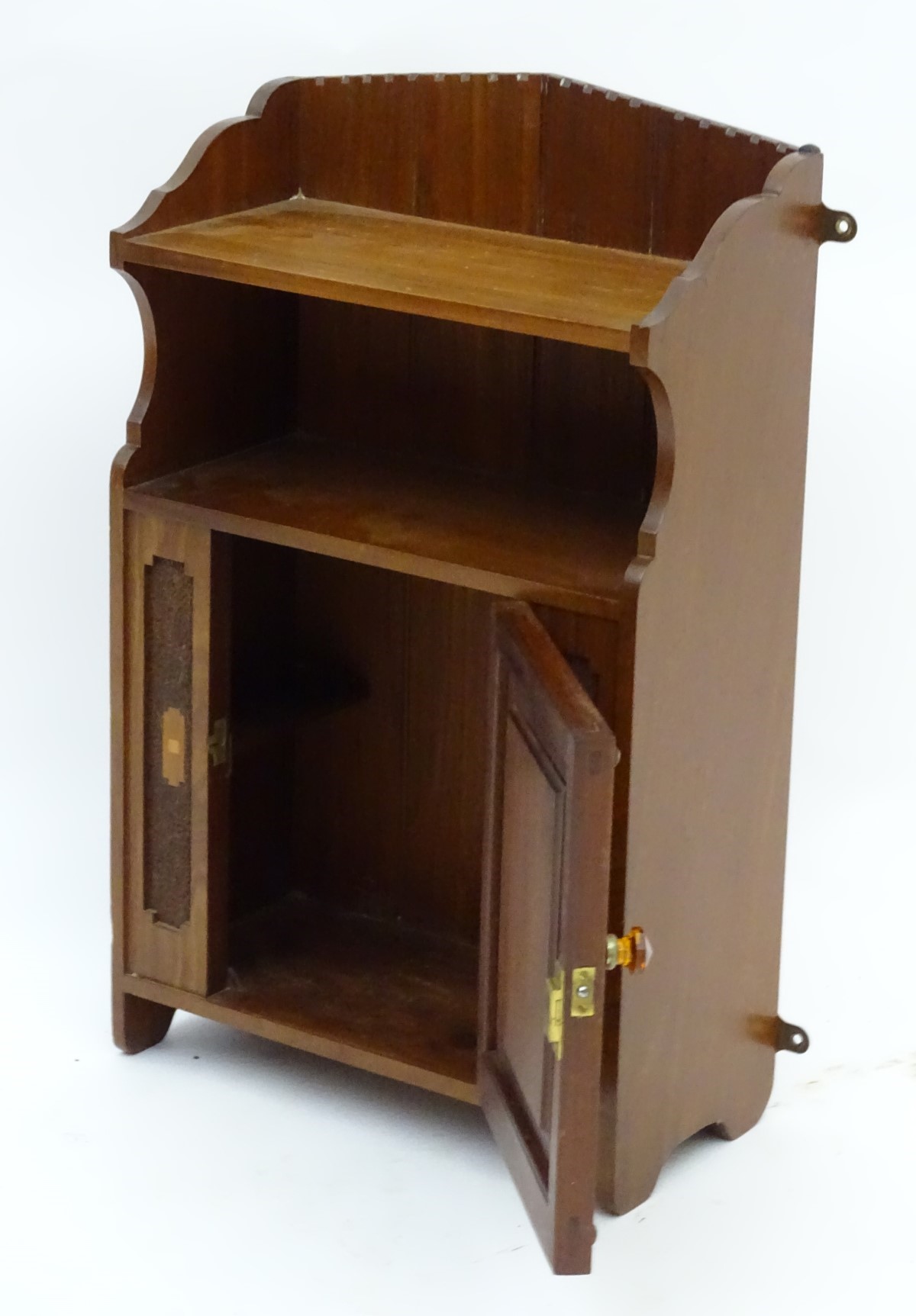 A mid 20thC walnut wall cabinet / table cabinet with a sample wood door and inlaid decoration. - Image 6 of 6