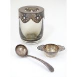 Assorted items comprising a small silver two handled quache / strainer stand.