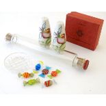 Assorted items comprising a Pyrex rolling pin, 6 Murano glass sweets, a small glass dish,