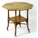 A late 19thC walnut octagonal table with fluted tapering legs and a square under tier,
