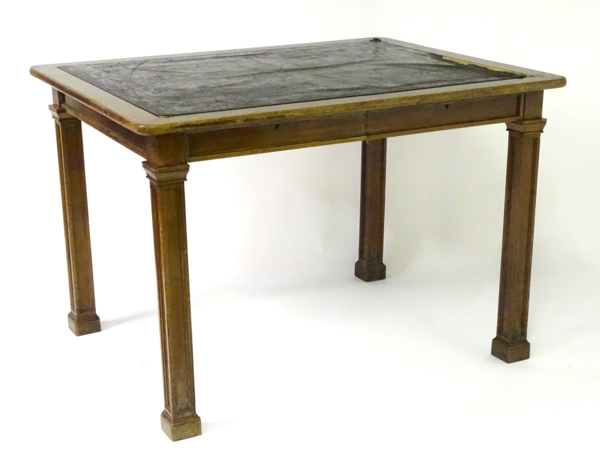 An early 20thC mahogany writing / architects table with an inset top and surrounding wooden frame, - Image 7 of 7