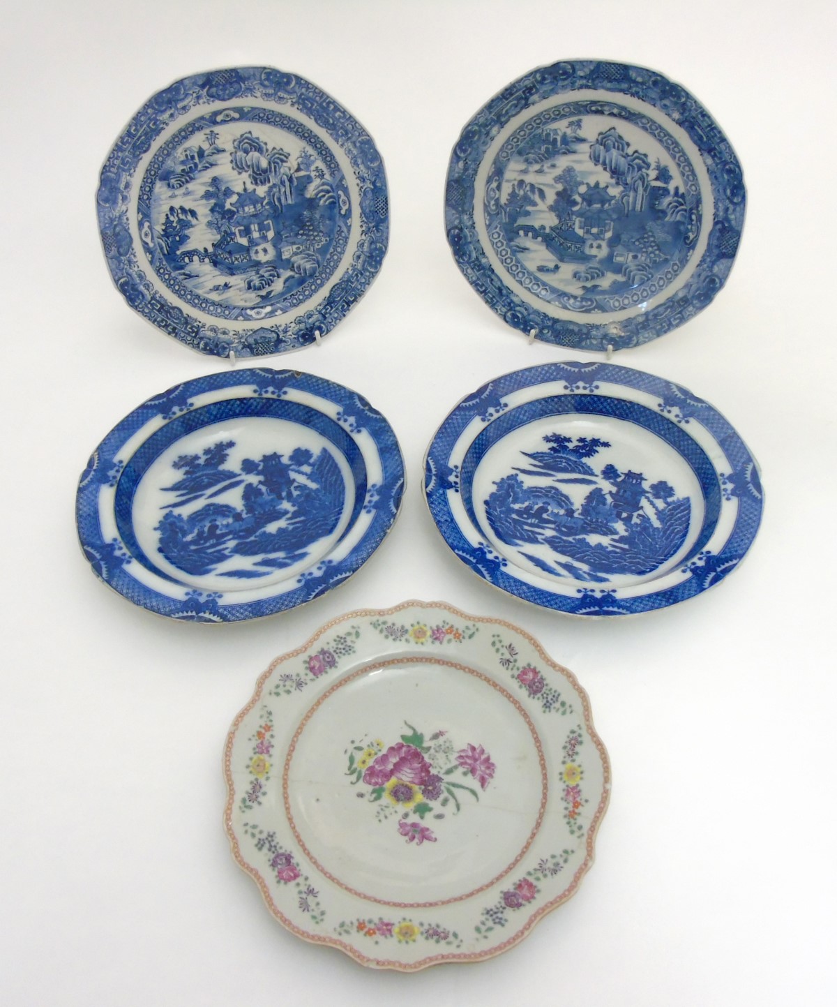 A collection of 5 Chinese plates to include; A pair of blue and white Chinese bowls ,