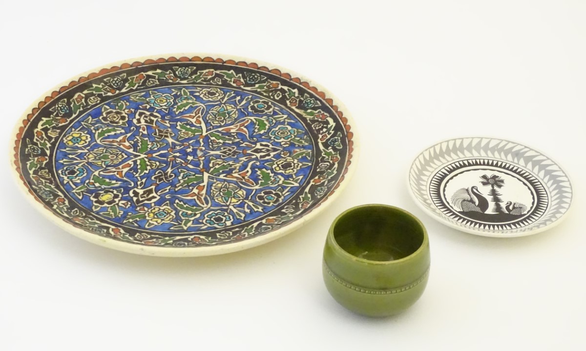 Three assorted ceramic items to include a charger with hand painted arabesque floral decoration, - Image 3 of 7