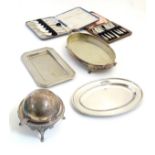 Assorted silver plated wares including pastry forks, grapefruit spoons, serving dishes,