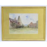 M. G., XX, English School, Watercolour, Oast houses and a barn in a landscape, Kent, Initialled M.