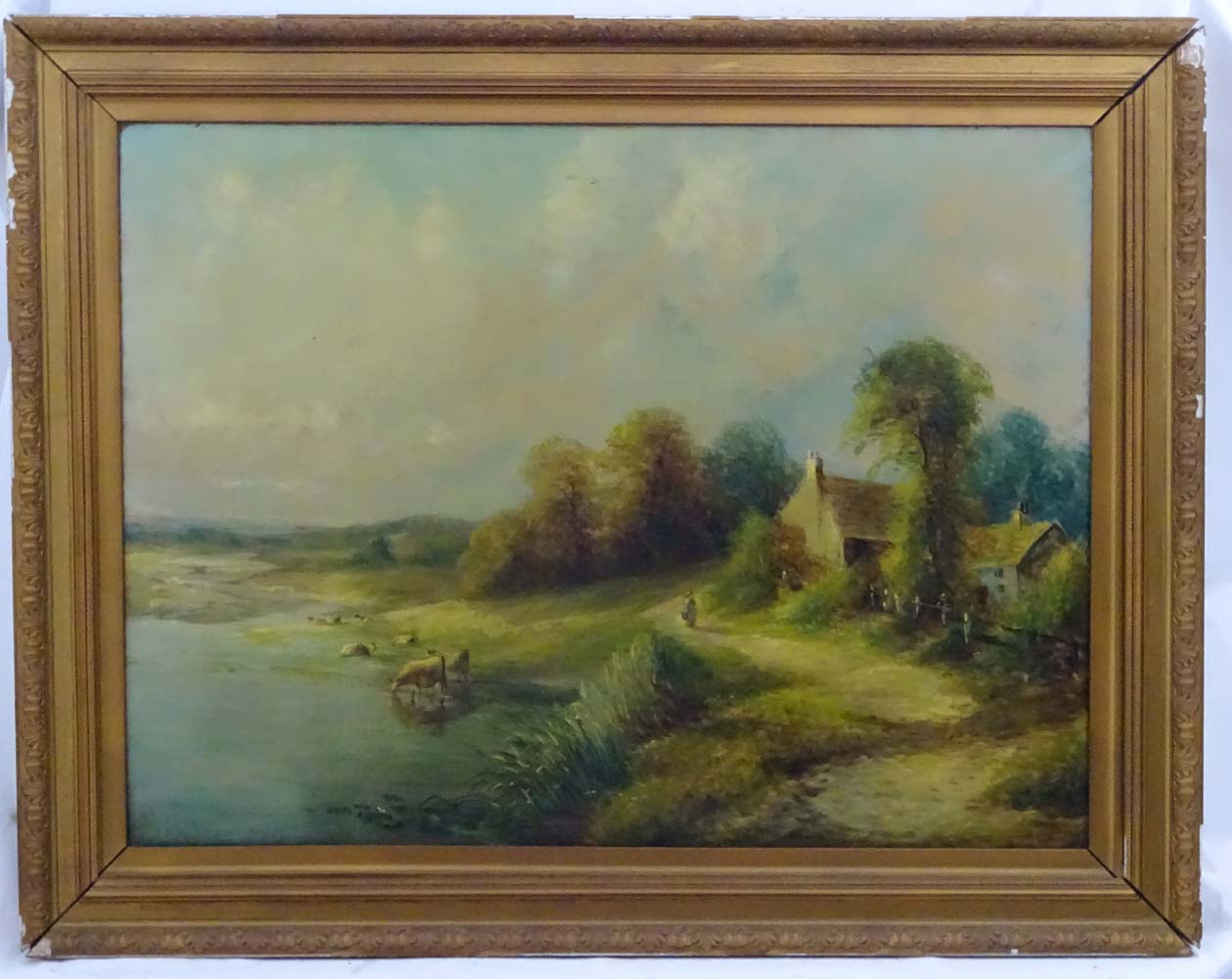 Indistinctly signed, XIX, Oil on canvas, Country vista with figure walking a path, - Image 3 of 8