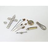 Assorted items including various 19thC and 20thC stick pins, folding button hook,