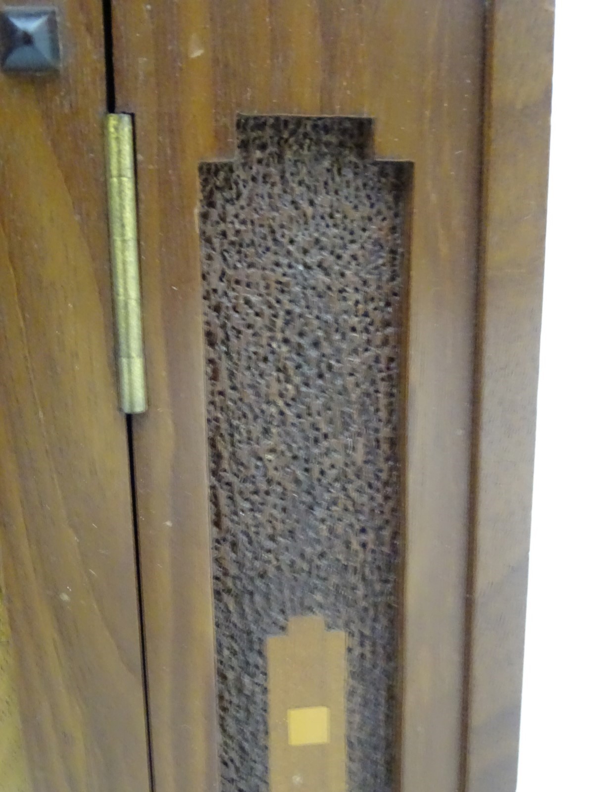 A mid 20thC walnut wall cabinet / table cabinet with a sample wood door and inlaid decoration. - Image 3 of 6