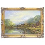 Raymond Gilronan, XX, Oil on canvas, A landscape view with sheep grazing on the banks of a lake,