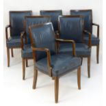 A set of six mid / late 20thC blue leather open armchairs,