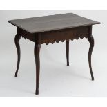 A 19thC continental walnut table with a rectangular top above a carved apron and standing on